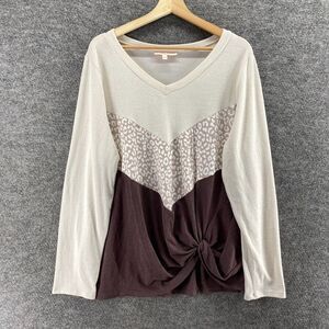 Hailey & Co Blouse Women 3XL Beige Striped V-Neck Long Sleeve Rayon Casual